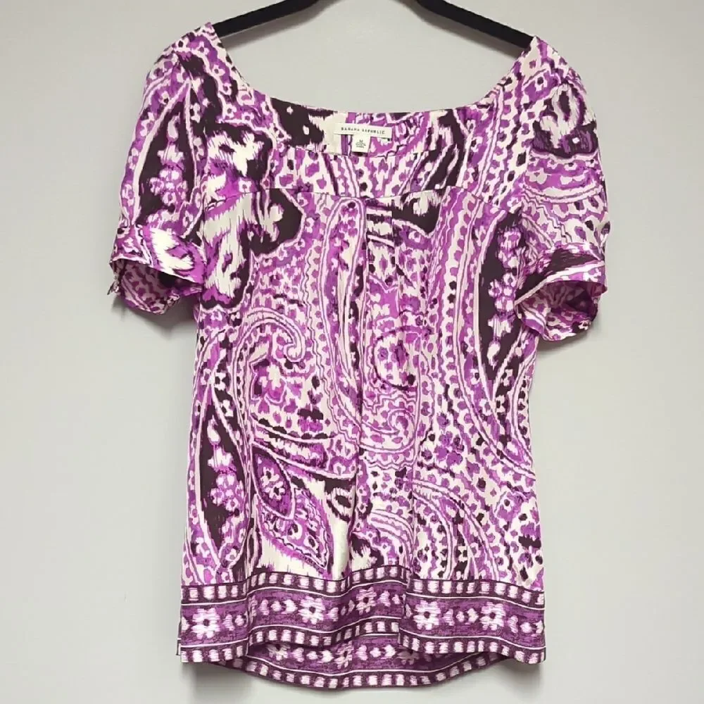 NWT Banana Republic Pink and Purple Smocked Puff Sleeve Blouse